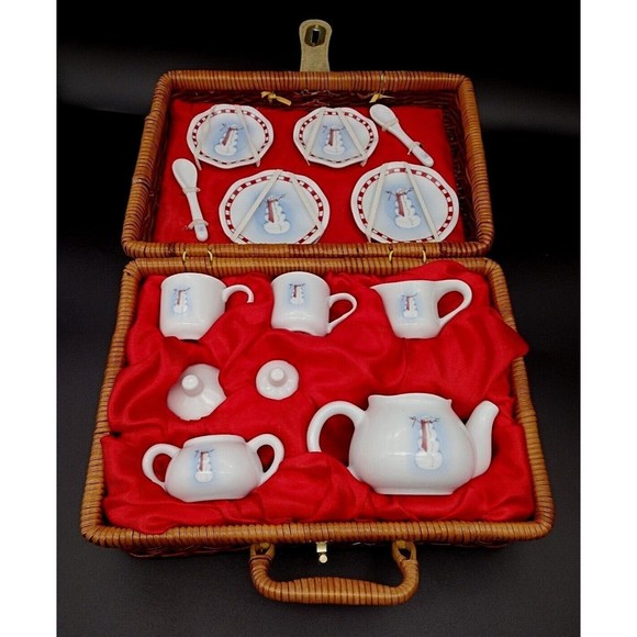 Miniature Snowman Porcelain Tea Party Set 13 Pieces Wicker Picnic Basket Vintage - Picture 2 of 12